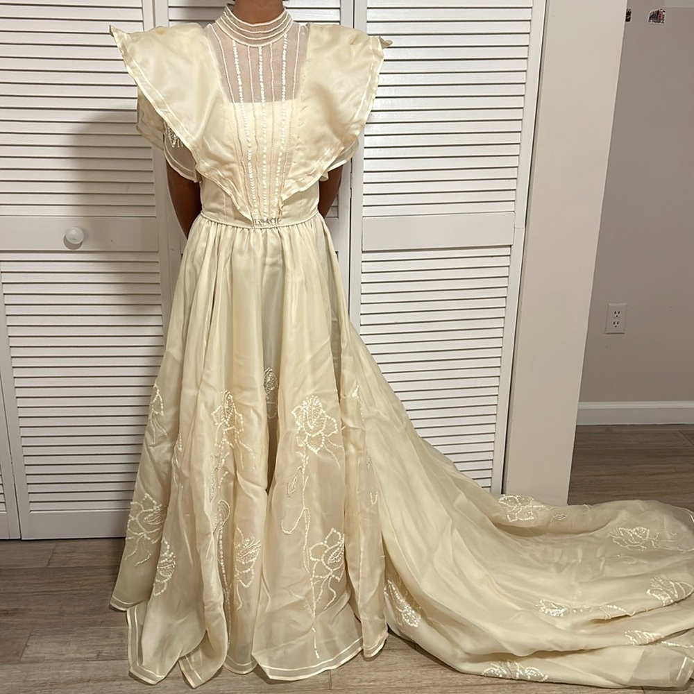 Vintage Cream Beaded Silk Wedding / Engagement Dress size small custom made